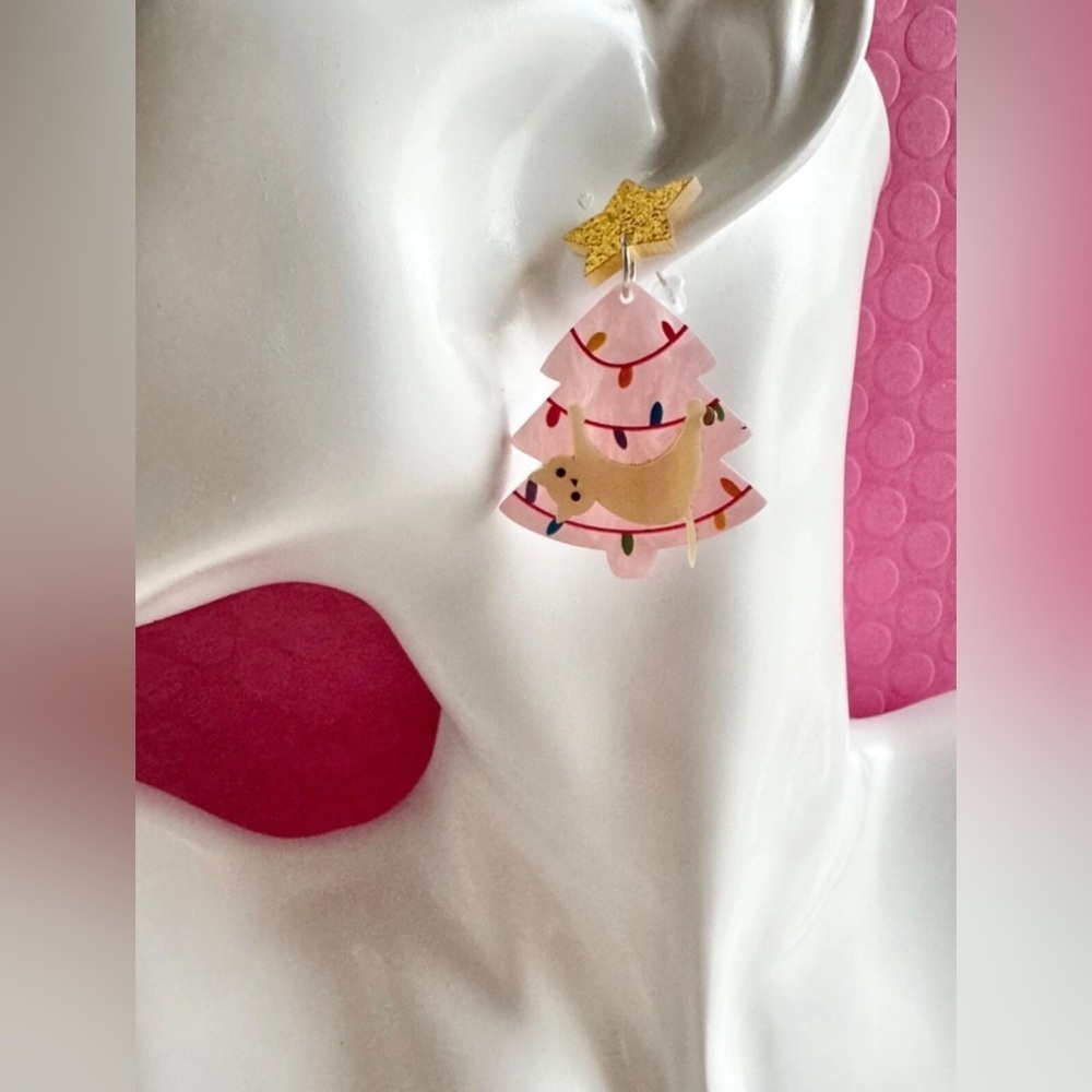 New Pink Christmas Tree w/ White Cat Pearlescent & Glitter Acrylic Earrings - 2” - Picture 3 of 6